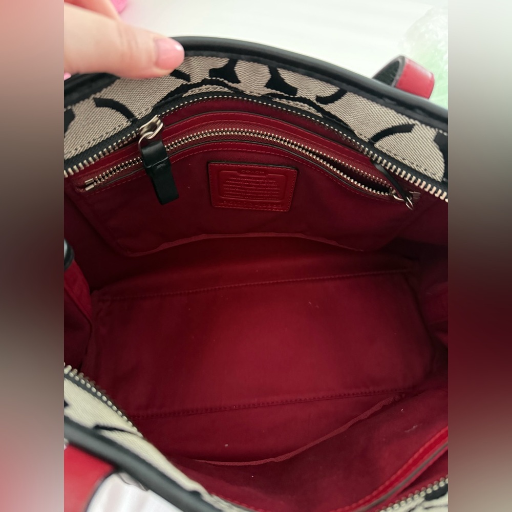 Coach Black & Ivory Signature Tote with Red Center Stripe - Picture 4 of 5